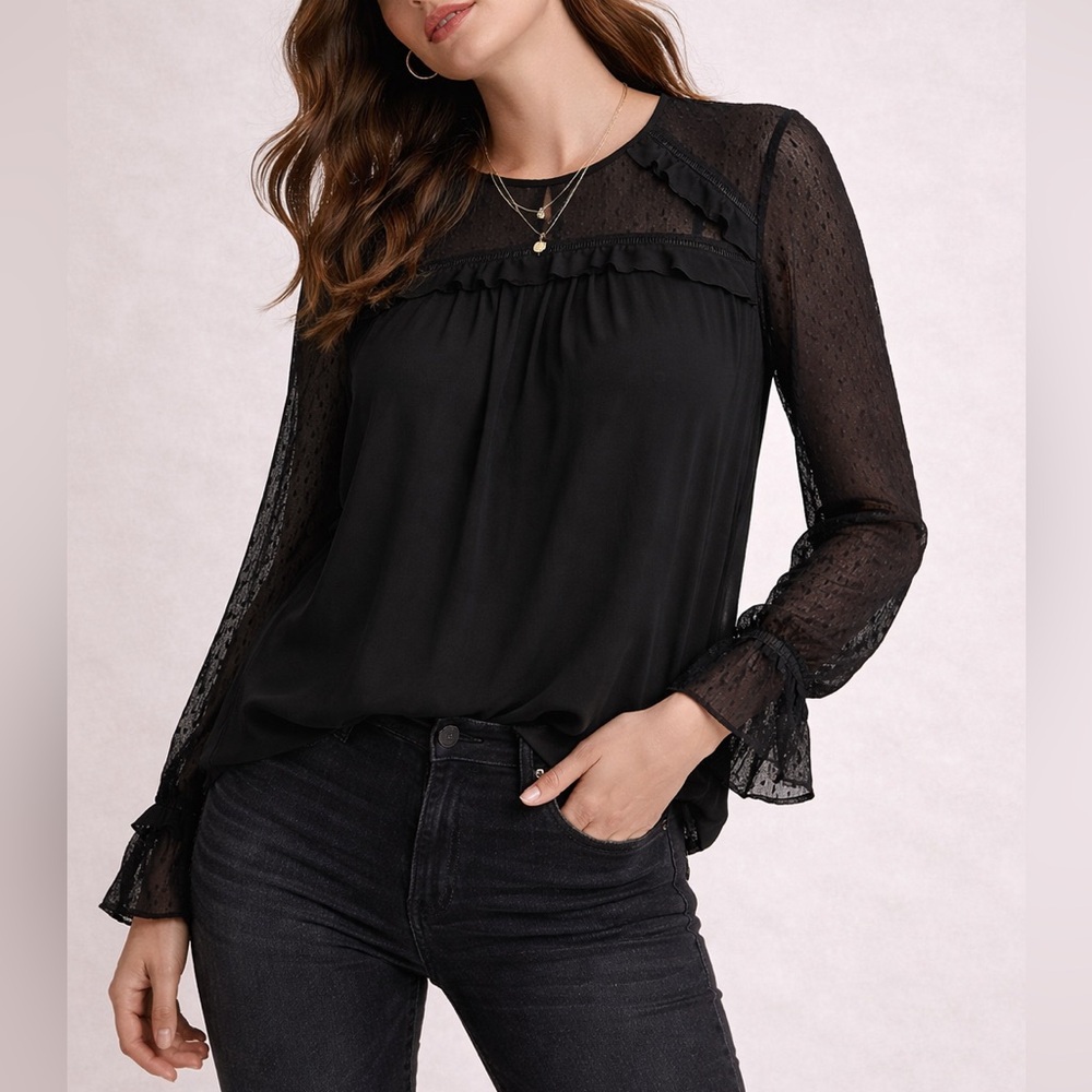LOFT Black Lace Sleeve Ruffle Blouse